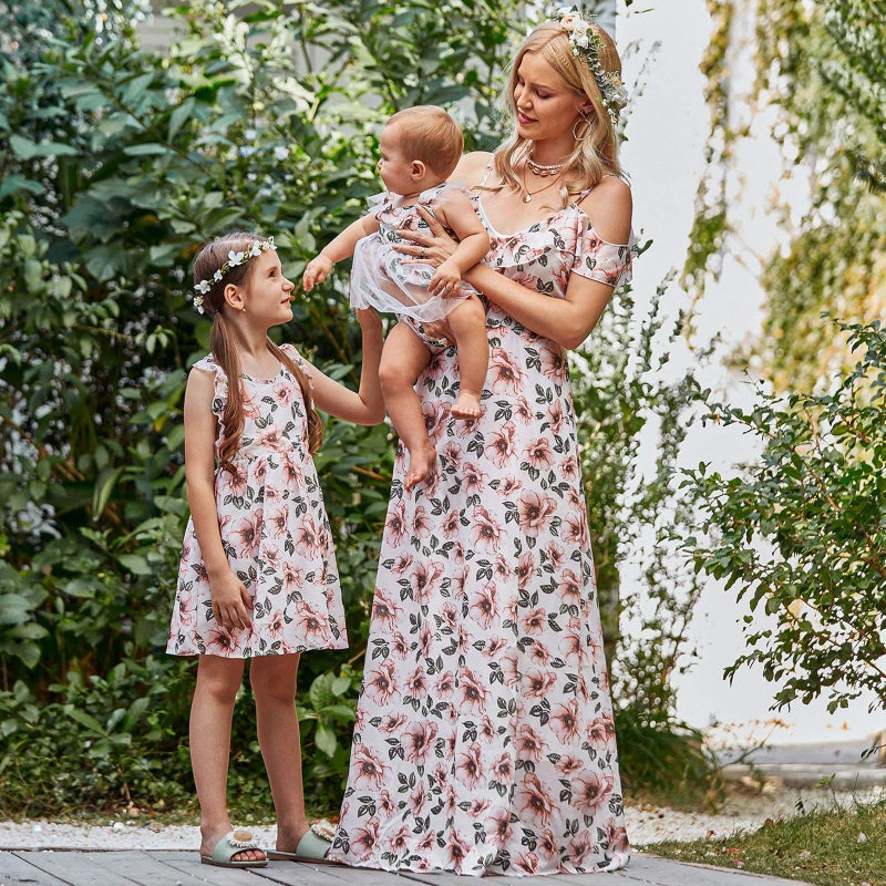 PopReal Mommy and Me Dresses Floral Print Cold Shoulder Ruffle Backless Strap Romper Beach Midi Dress Summer - Image 2